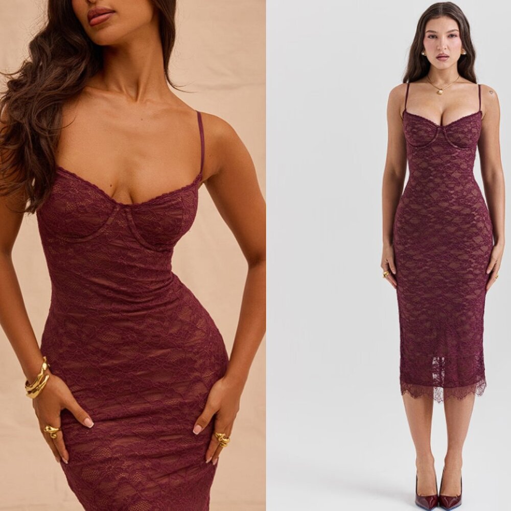 HOUSE OF CB 'Melina' Mulberry Lace Midi Dress NWOT